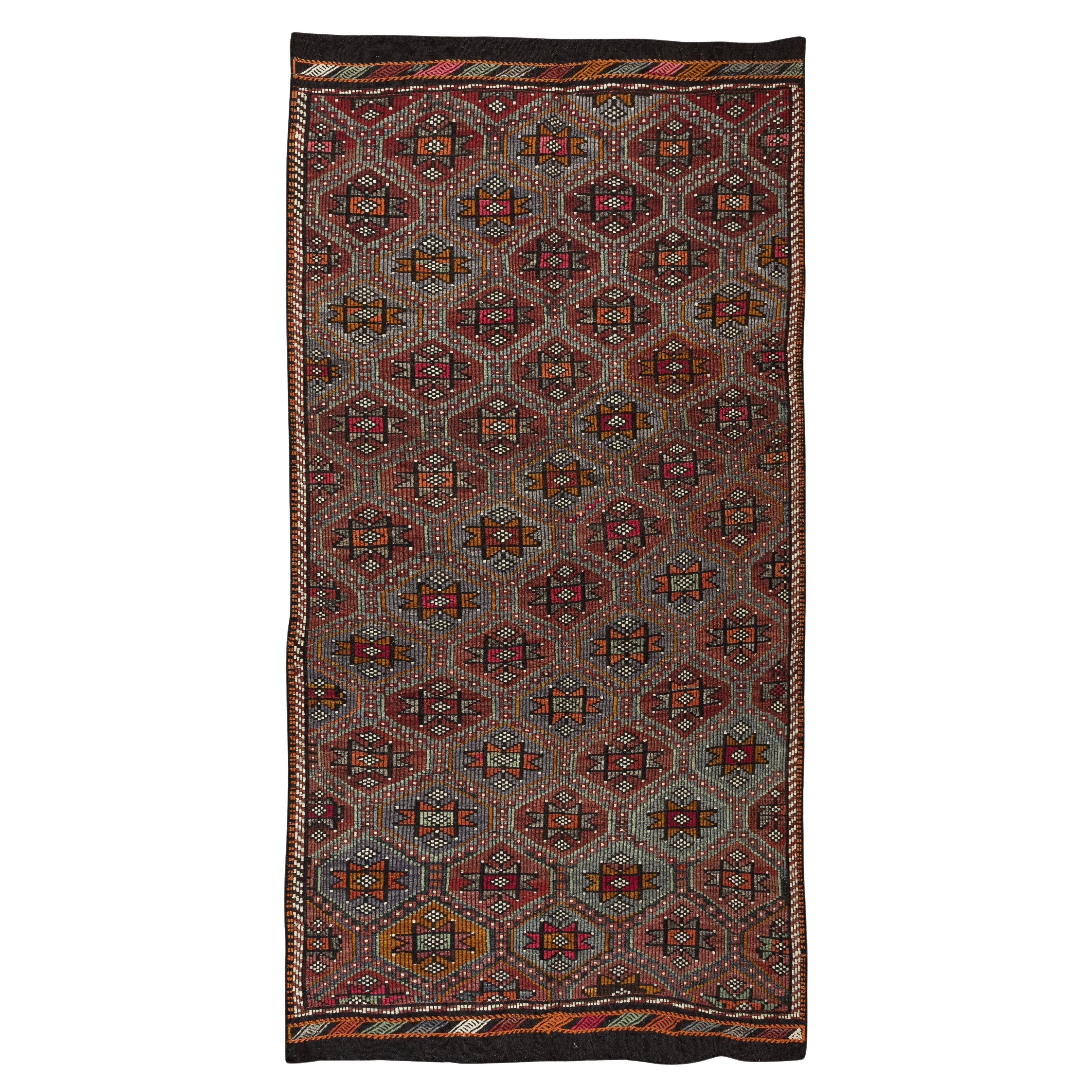 5,4x11 Ft Vintage Anatolian Jajim Kelim, handgefertigter mehrfarbiger Teppich mit Diamantmuster