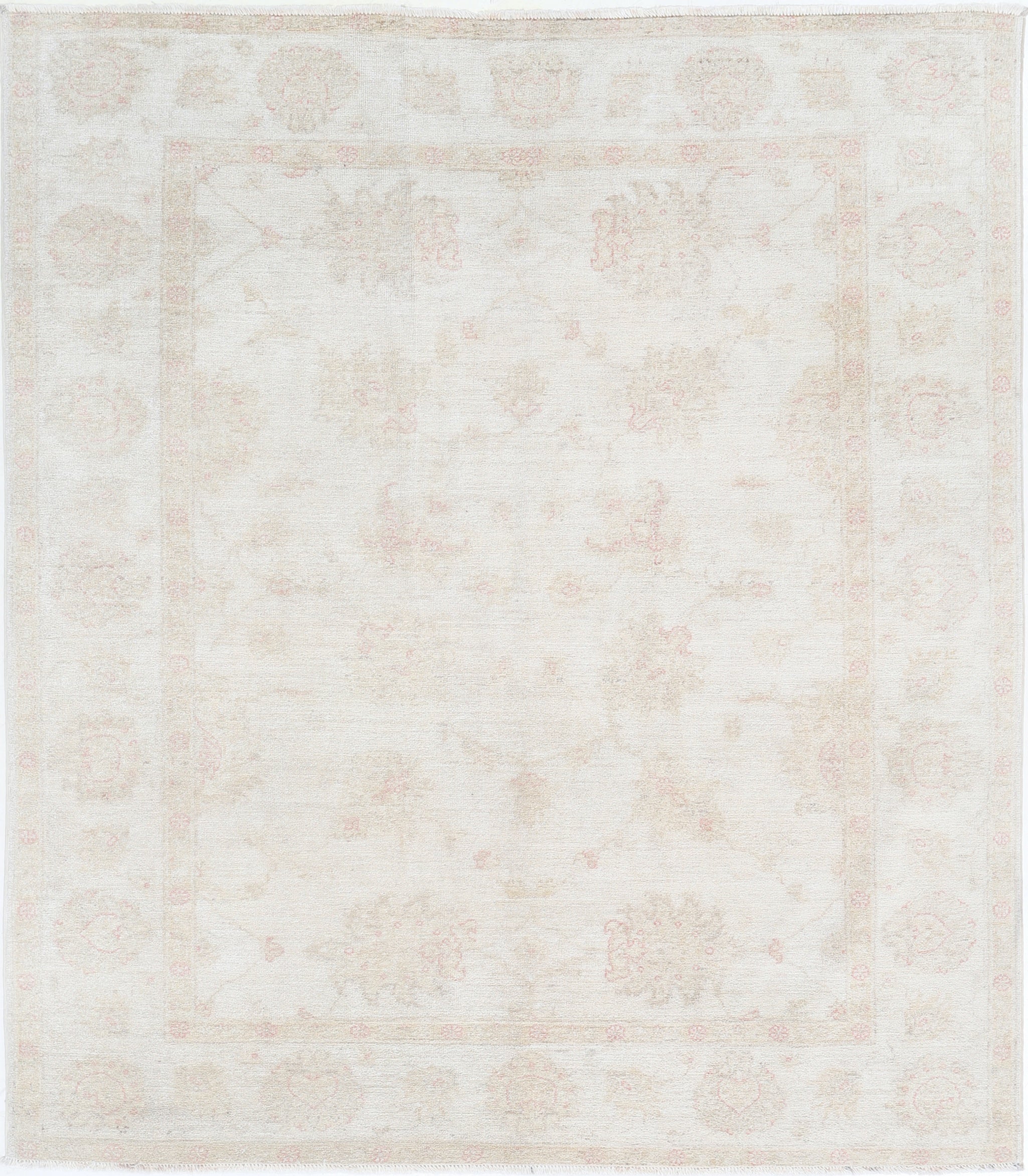 5.4x6.2 ft Hand Knotted Beige Wool Oushak Area Rug with All-Over Floral Design