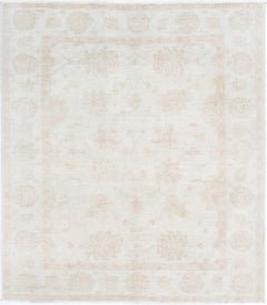 5.4x6.2 ft Hand Knotted Beige Wool Oushak Area Rug with All-Over Floral Design