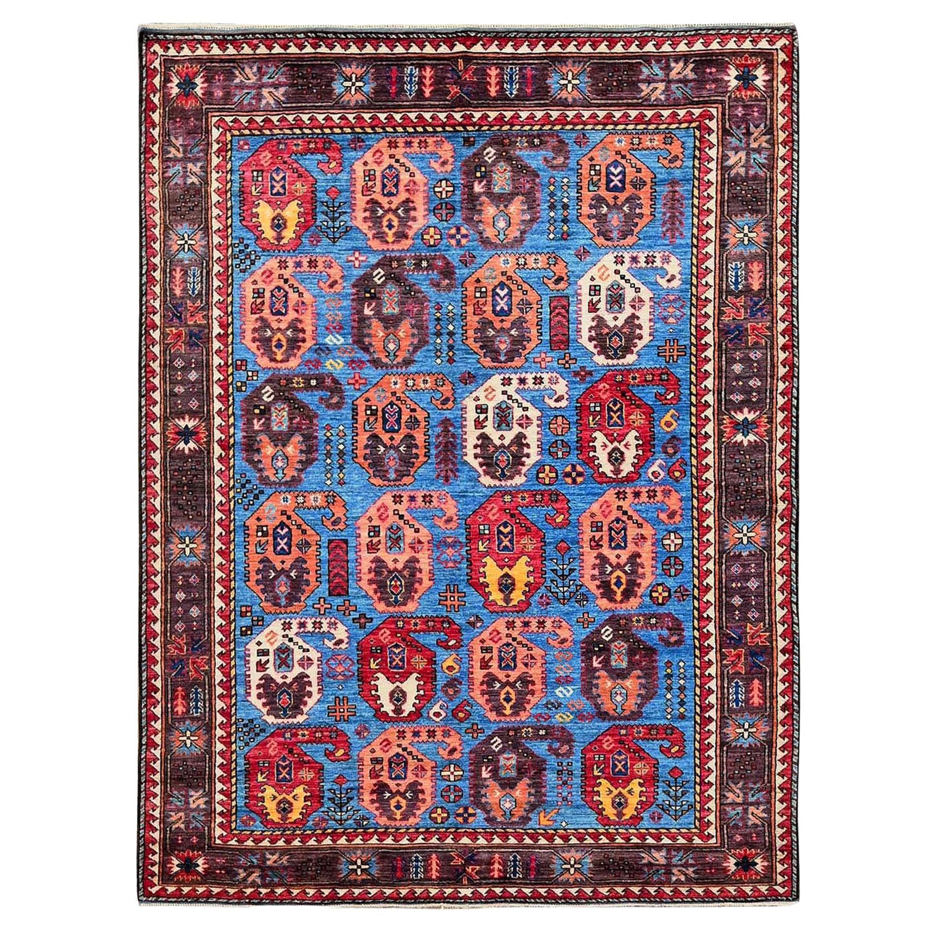 5'4 "x6'8" Blauer afghanischer Ersari mit kaukasischem Design Revival handgeknüpfter Wollteppich