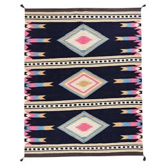 Tapis tissé à la main, motif géométrique du Sud-Ouest, tissage plat, bleu nuit, 163 cm x 206 cm