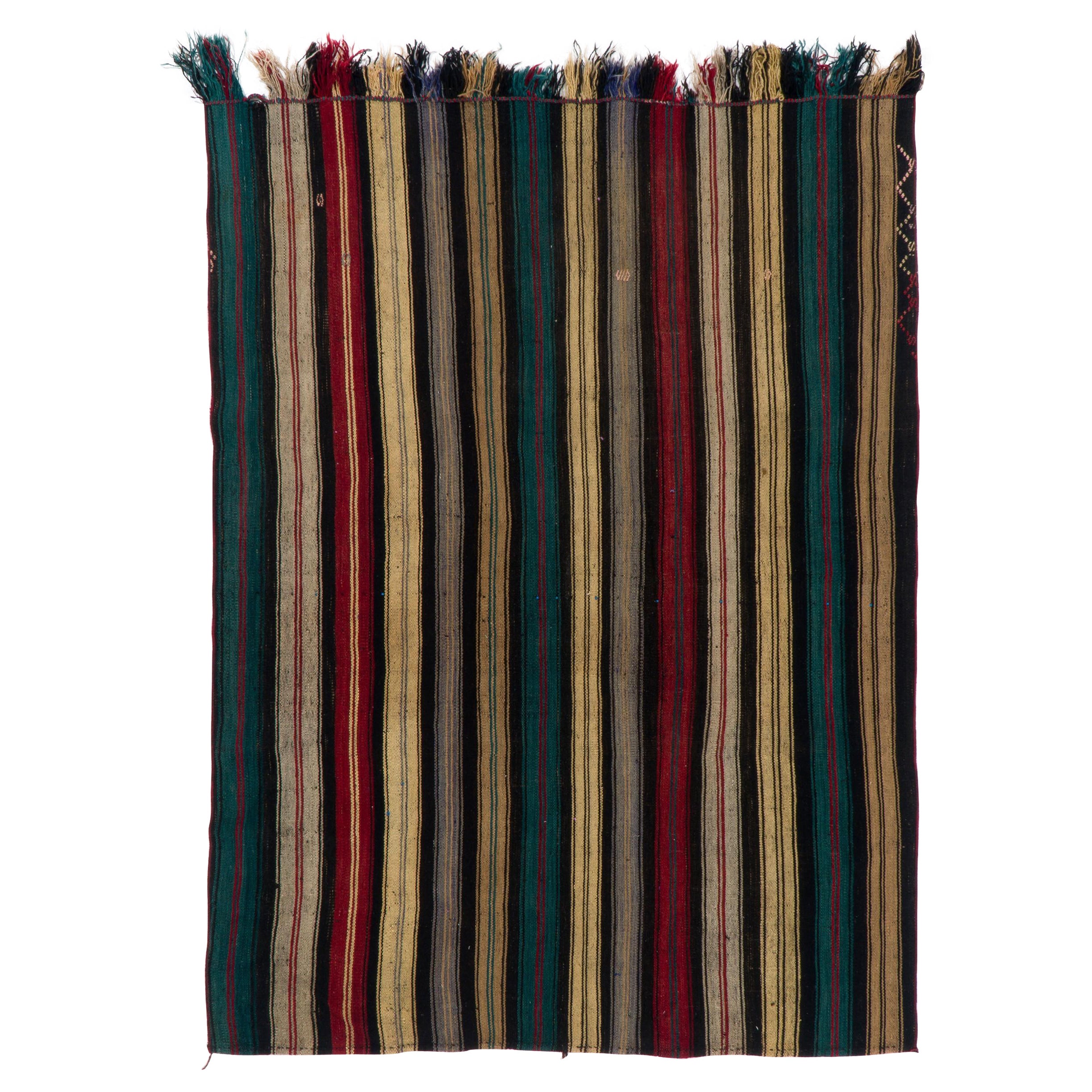 Kilim di lana turca vintage intrecciato a mano con bande verticali 5.4x7 ft