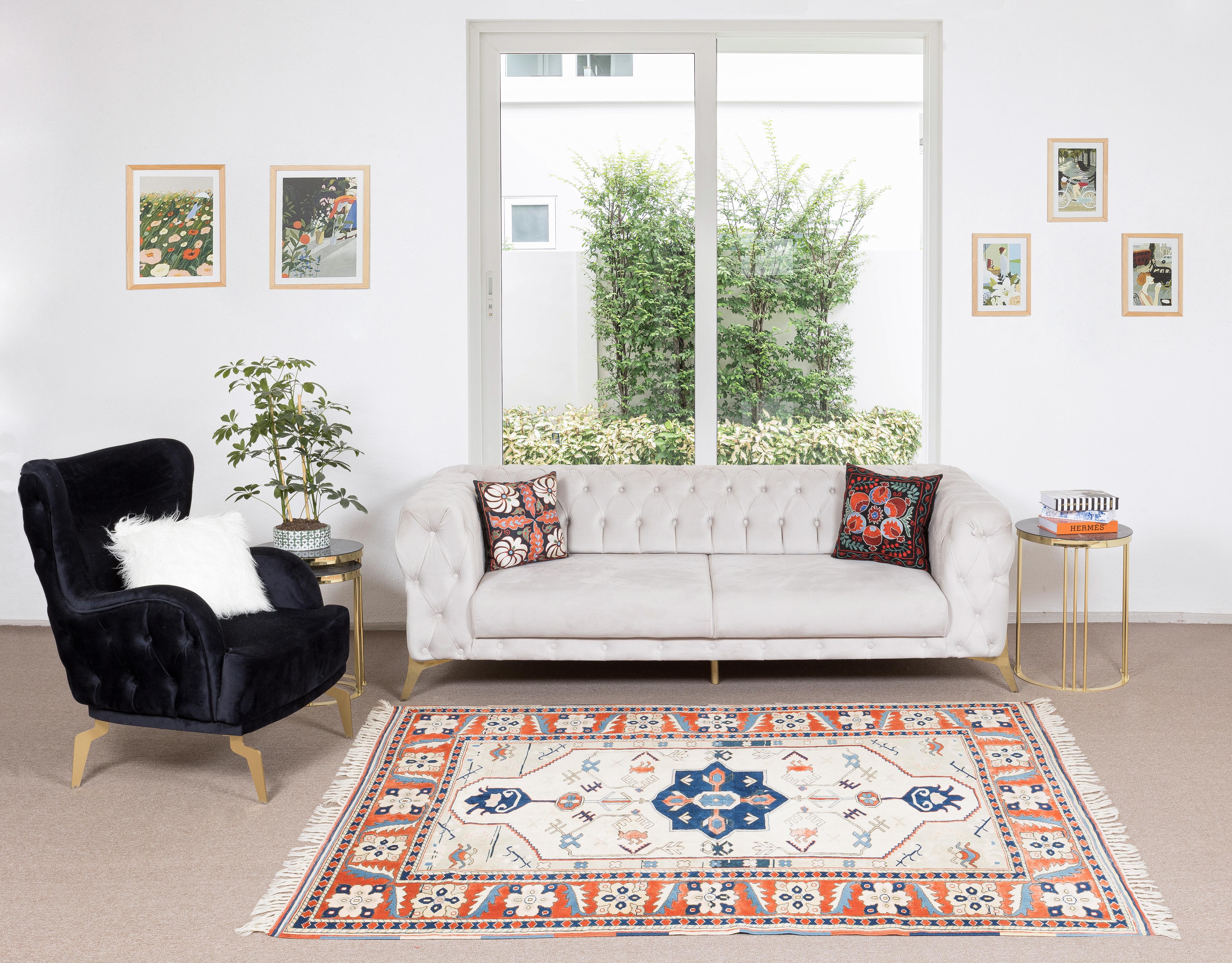 Annodato a mano 5.4x7.5 Ft Tappeto contemporaneo in lana con motivo geometrico turco annodato a mano in vendita