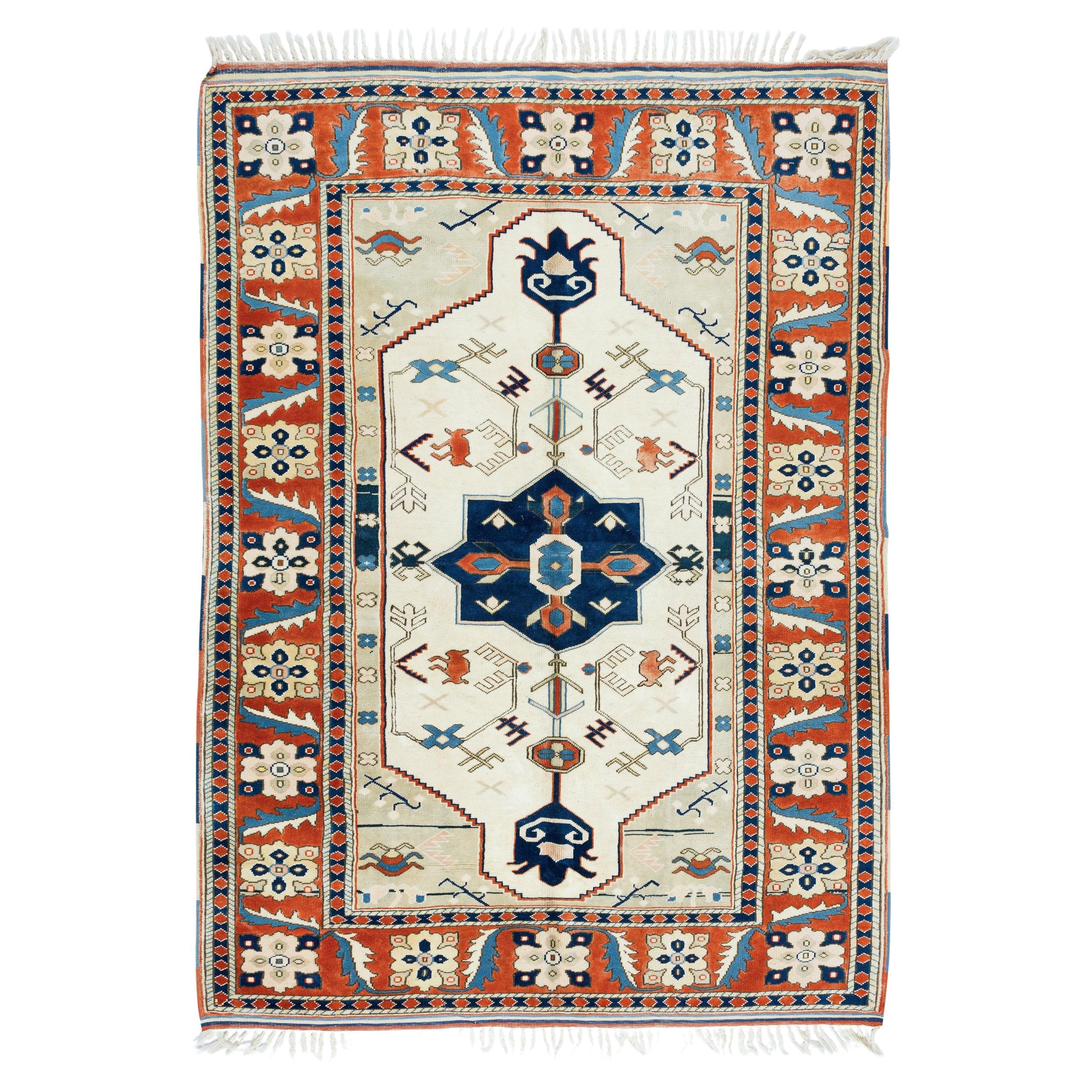 5.4x7.5 Ft Mid-Century Hand Knotted Turkish Geometric Pattern Wool Area Rug For Sale