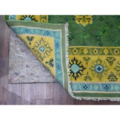 Alfombra Anudada a Mano de Lana Pura Fusión Kazak Verde con Diseño Caucásico 5'4 "x7'6
