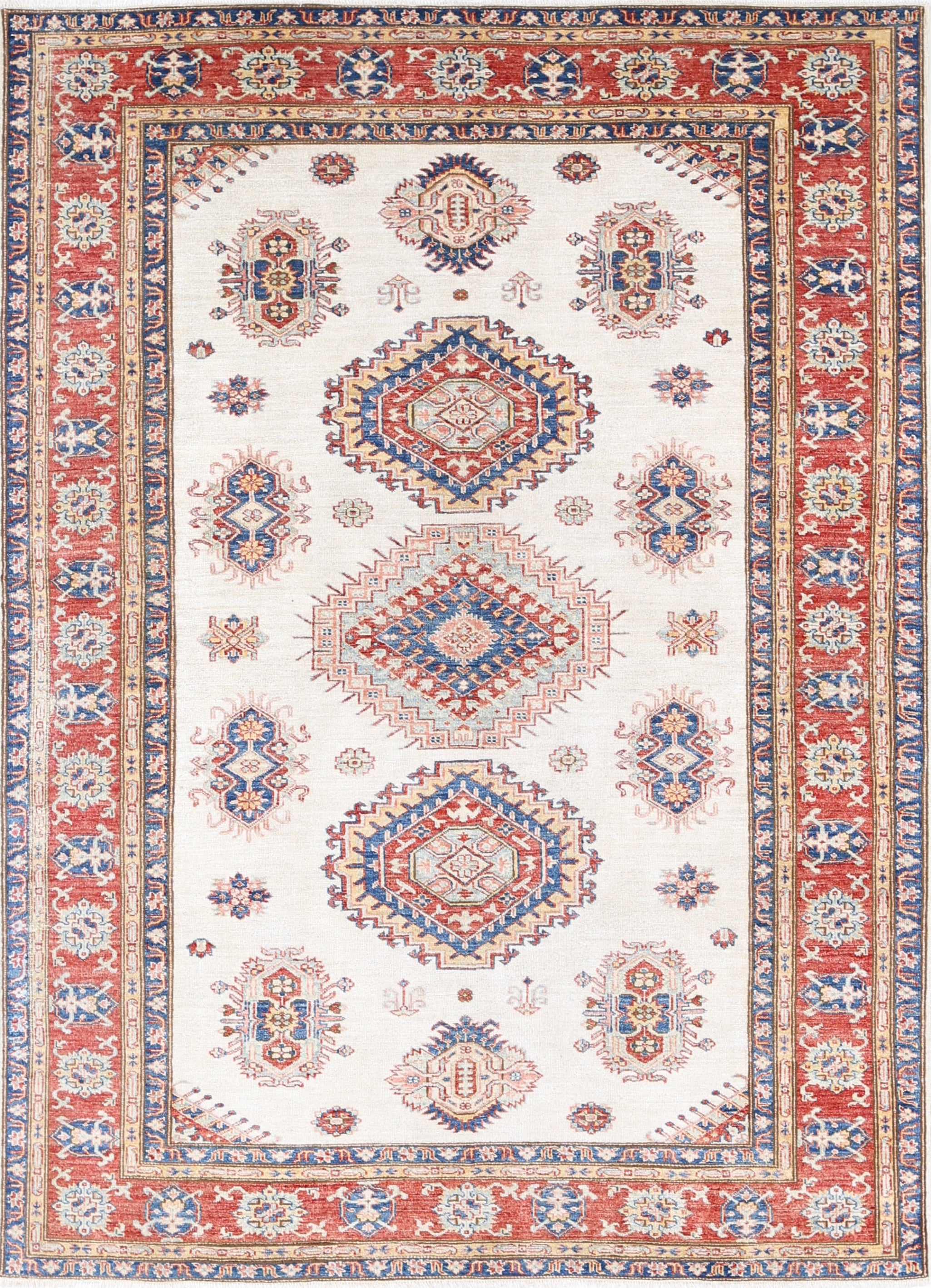 5.4x7.7 ft Hand Knotted Red, Ivory, Navy Blue Area Rug with Geometric Design