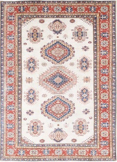 5.4x7.7 ft Hand Knotted Red, Ivory, Navy Blue Area Rug with Geometric Design