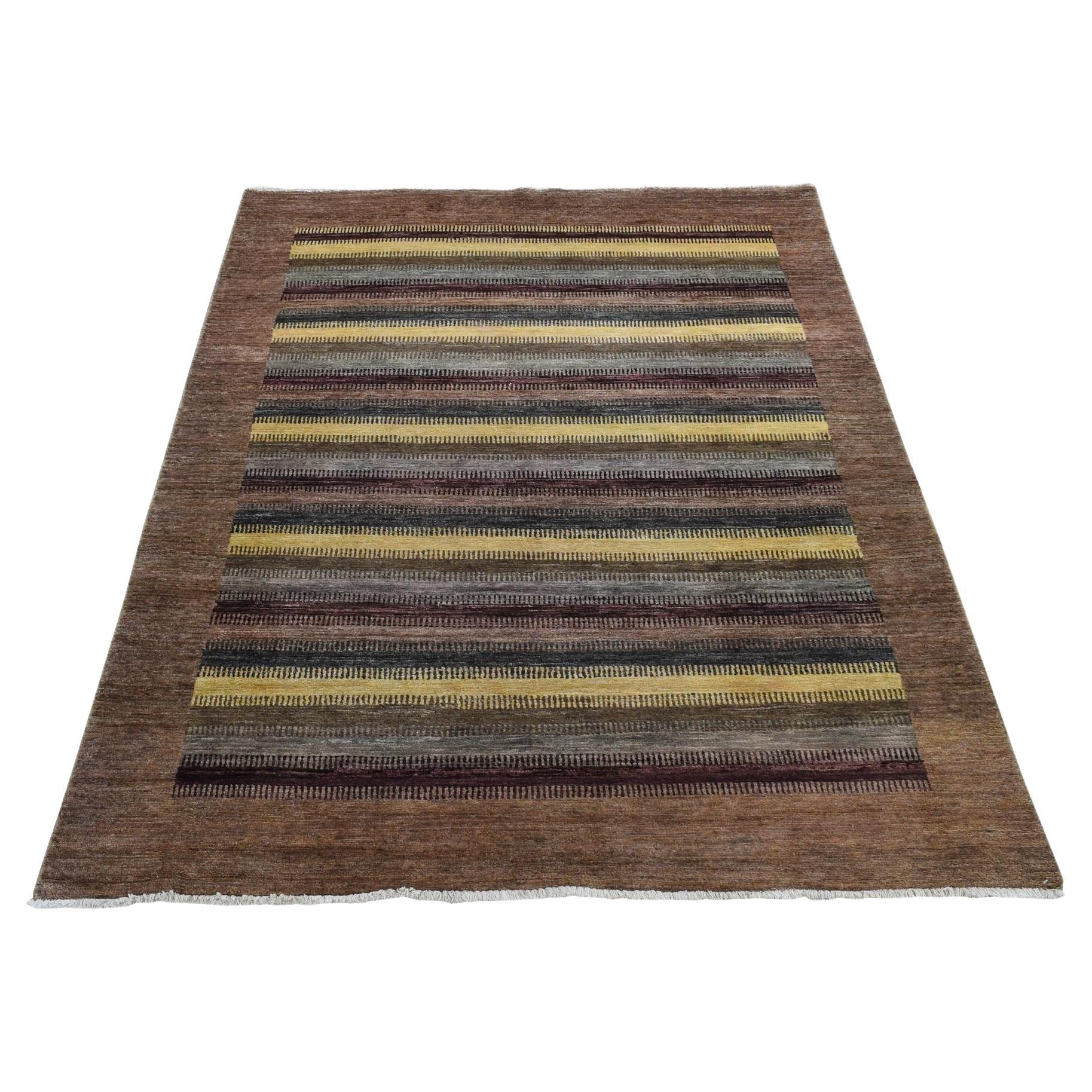 5
4"x7
8" Coffee Brown Striped Modern Gabbeh Design Hand Knotted Pure Wool Rug For Sale