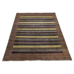 5
4"x7
8" Coffee Brown Striped Modern Gabbeh Design Hand Knotted Pure Wool Rug