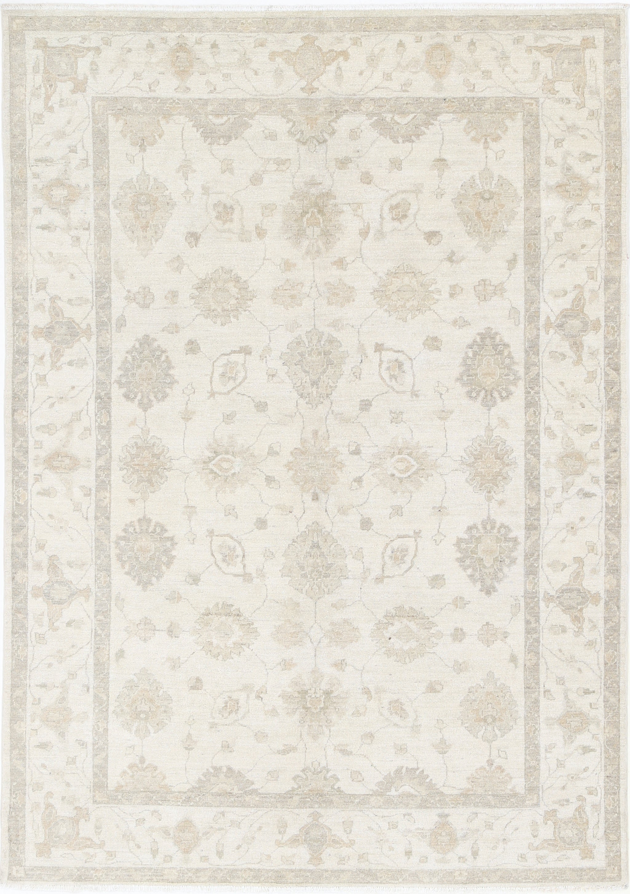 5.4x7.8 ft Hand Knotted Beige Wool Oushak Area Rug with All-Over Floral Design