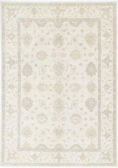 5.4x7.8 ft Tappeto di lana beige Oushak annodato a mano con design floreale all-over