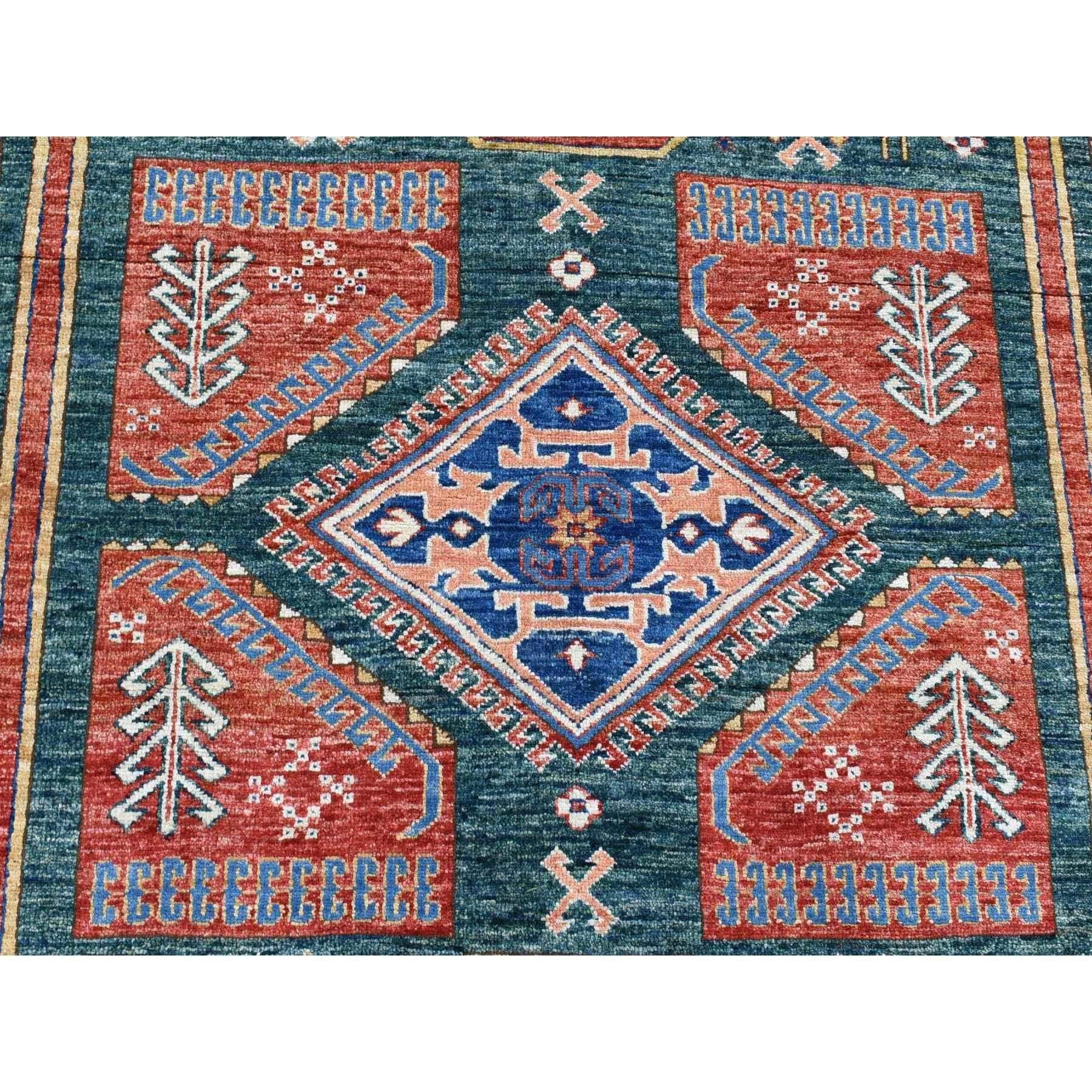 Alfombra afgana de lana anudada a mano con diseño geométrico Super Kazak verde oscuro de 1,80 x 1,80 metros Afgano en venta