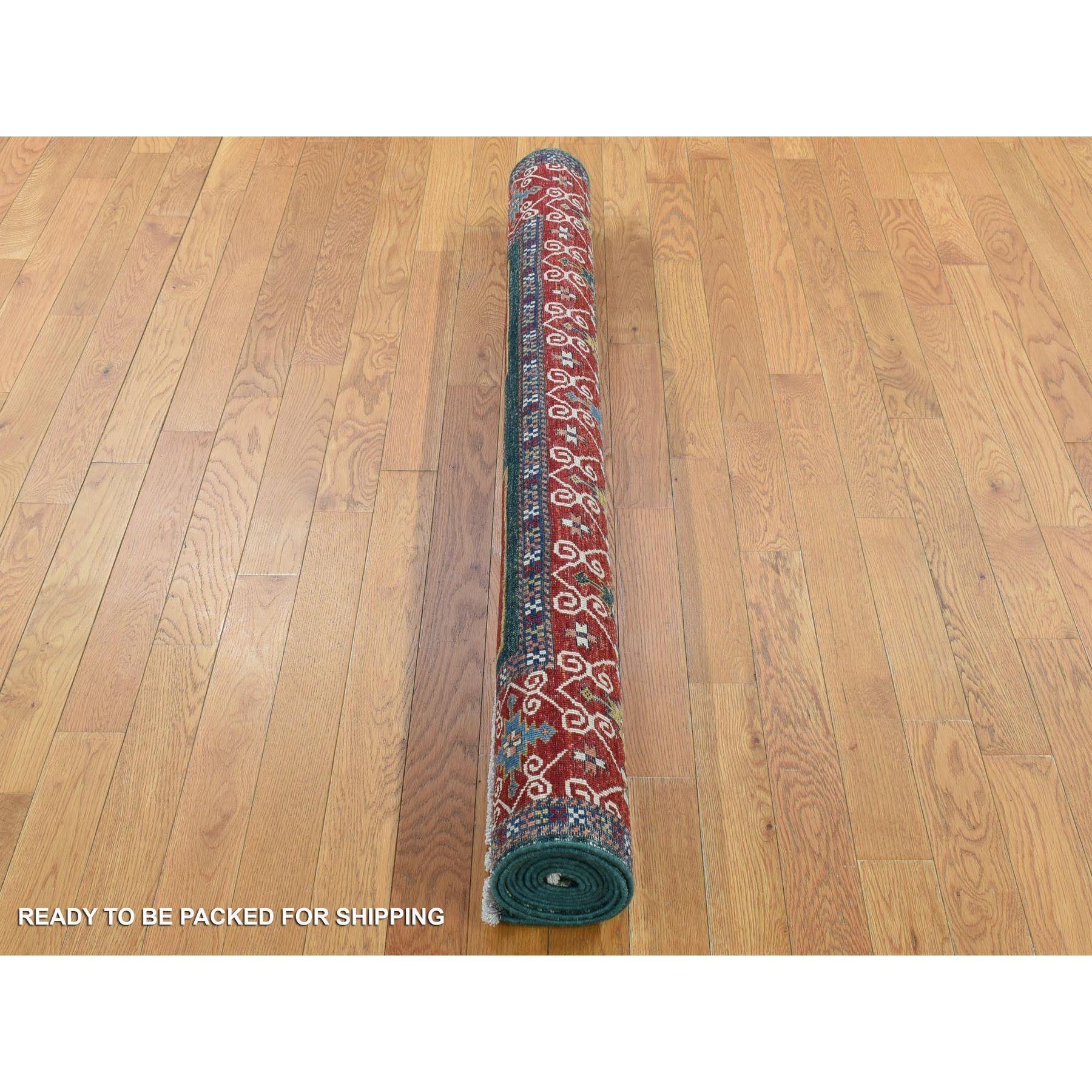 Alfombra afgana de lana anudada a mano con diseño geométrico Super Kazak verde oscuro de 1,80 x 1,80 metros Anudado a mano en venta