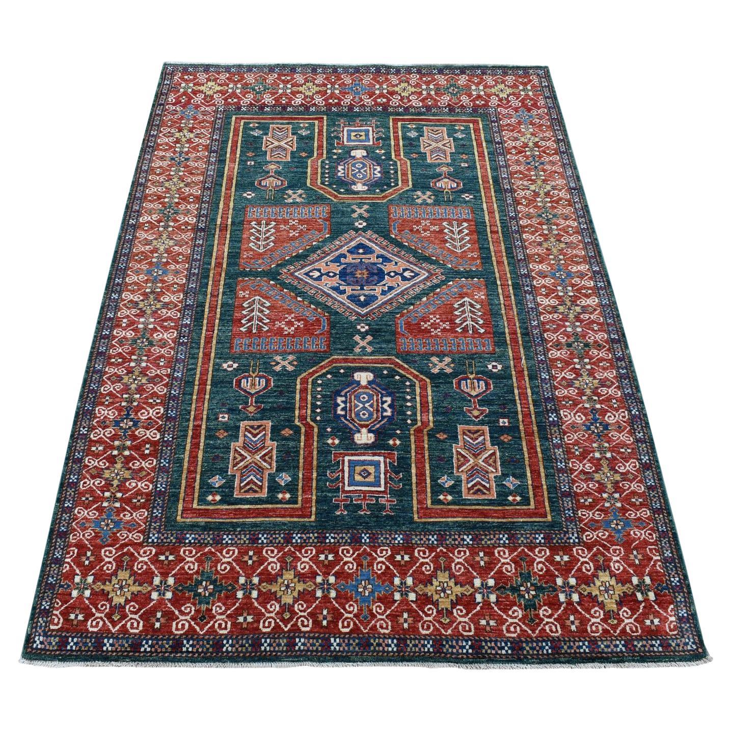 5'4"x7'9" Dark Green Afghan Super Kazak Geometric Design Hand Knotted Wool Rug