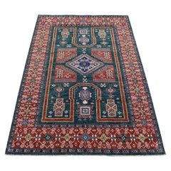 Alfombra afgana de lana anudada a mano con diseño geométrico Super Kazak verde oscuro de 1,80 x 1,80 metros