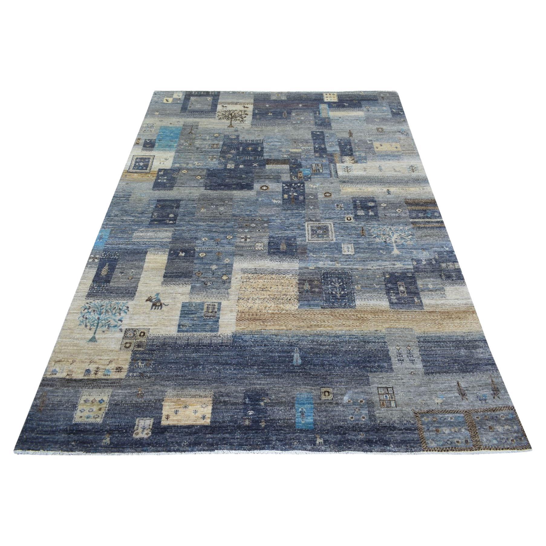 5
4 "x7
9" Gris con Azul, Lana Orgánica, Alfombra Kashkuli Gabbeh Afgana Anudada a Mano en venta