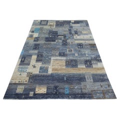 5
4 "x7
9" Gris con Azul, Lana Orgánica, Alfombra Kashkuli Gabbeh Afgana Anudada a Mano