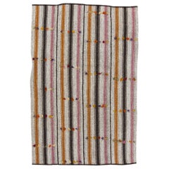 Hand-Woven Vintage Banded Kilim Rug with Wool Poms, Flat-Weave Carpet