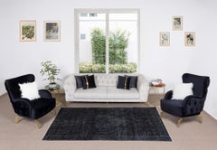 5.4x8.3 Ft Contemporary Turkish Plain Black Area Rug, Handknotted Vintage Carpet