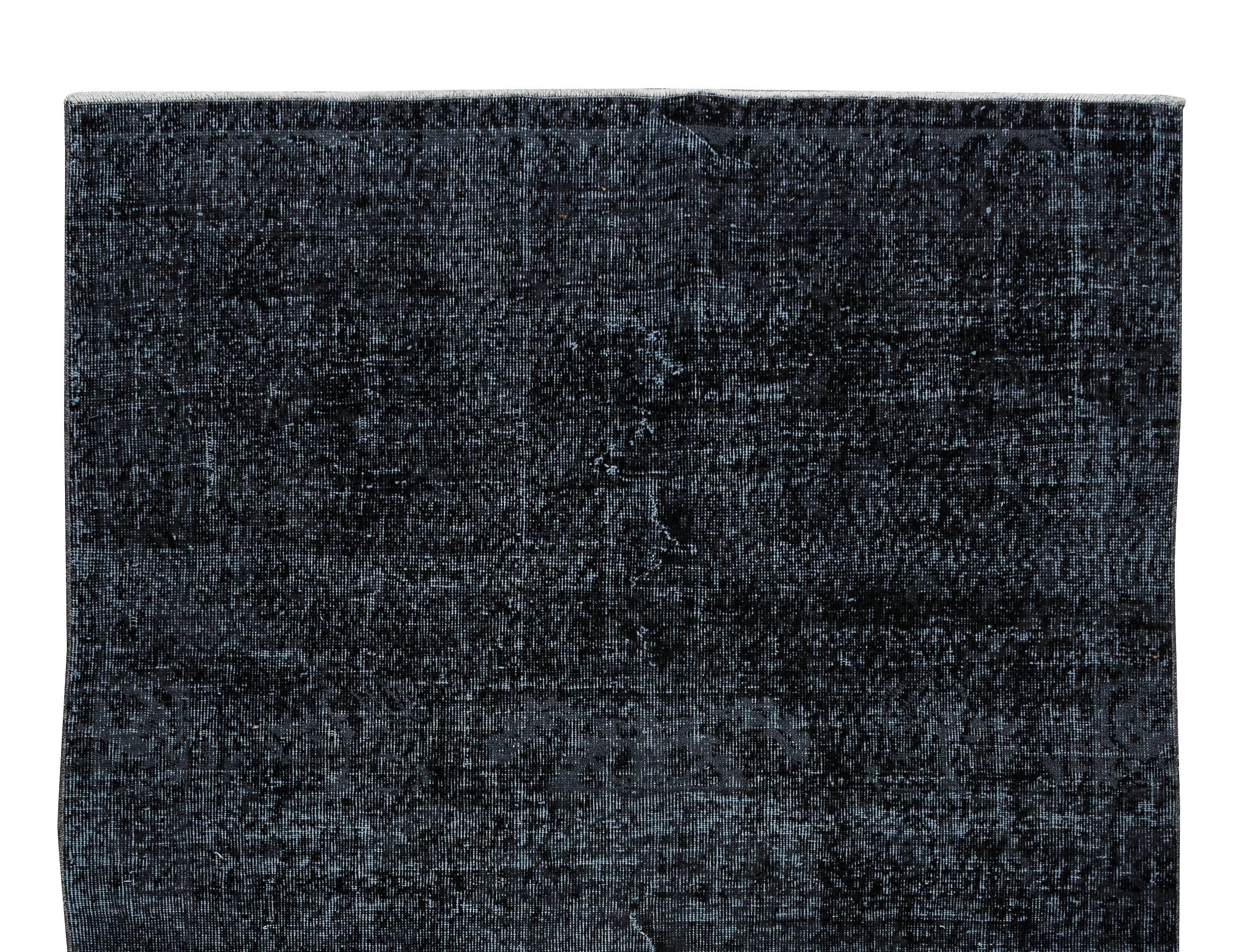 Modern 5.4x8.3 Ft Contemporary Turkish Plain Black Area Rug, Handknotted Vintage Carpet For Sale