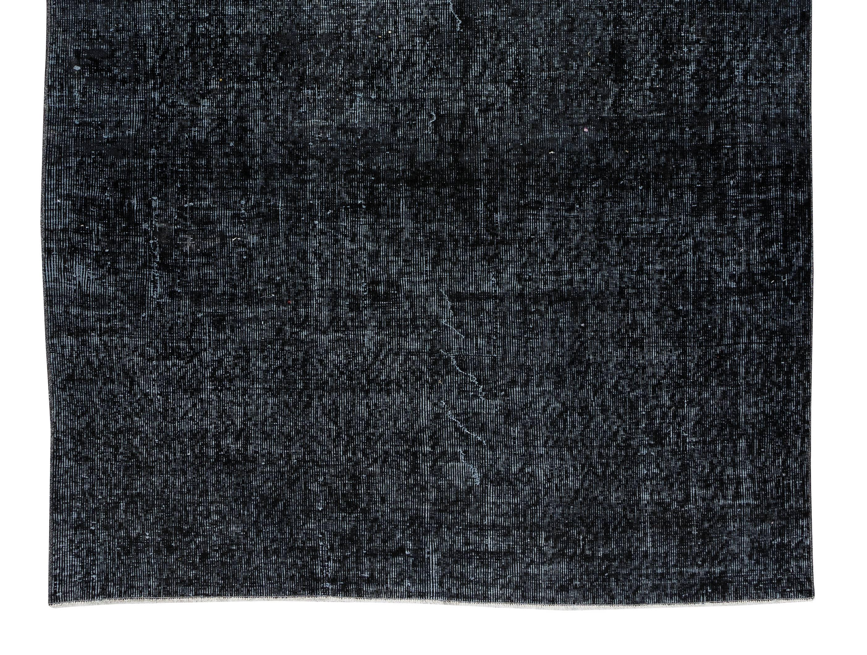 Hand-Knotted 5.4x8.3 Ft Contemporary Turkish Plain Black Area Rug, Handknotted Vintage Carpet For Sale