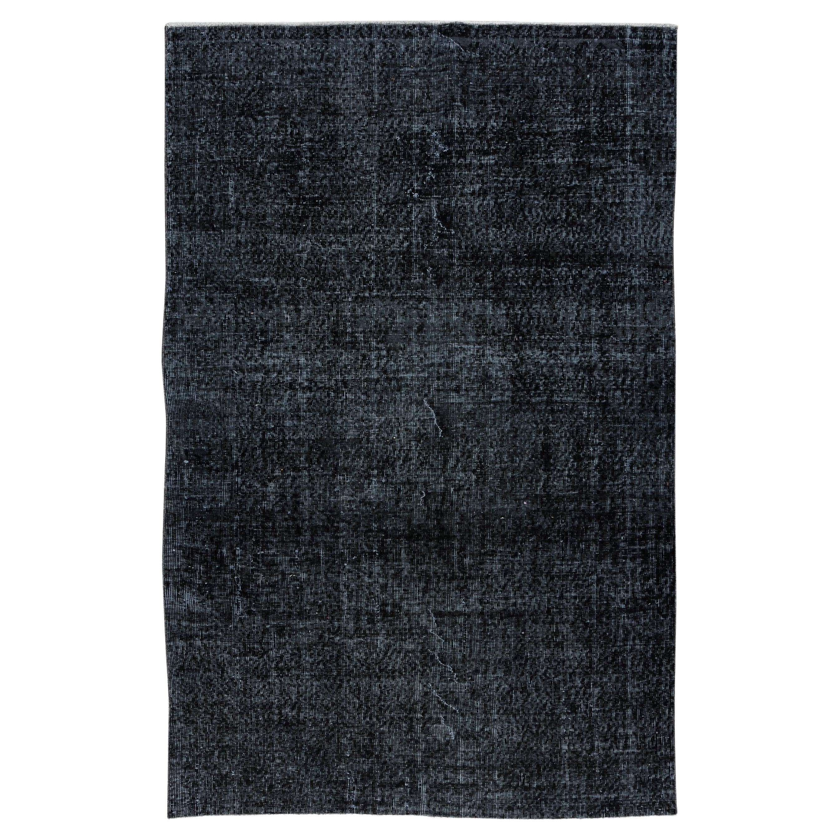 5.4x8.3 Ft Contemporary Turkish Plain Black Area Rug, Handknotted Vintage Carpet
