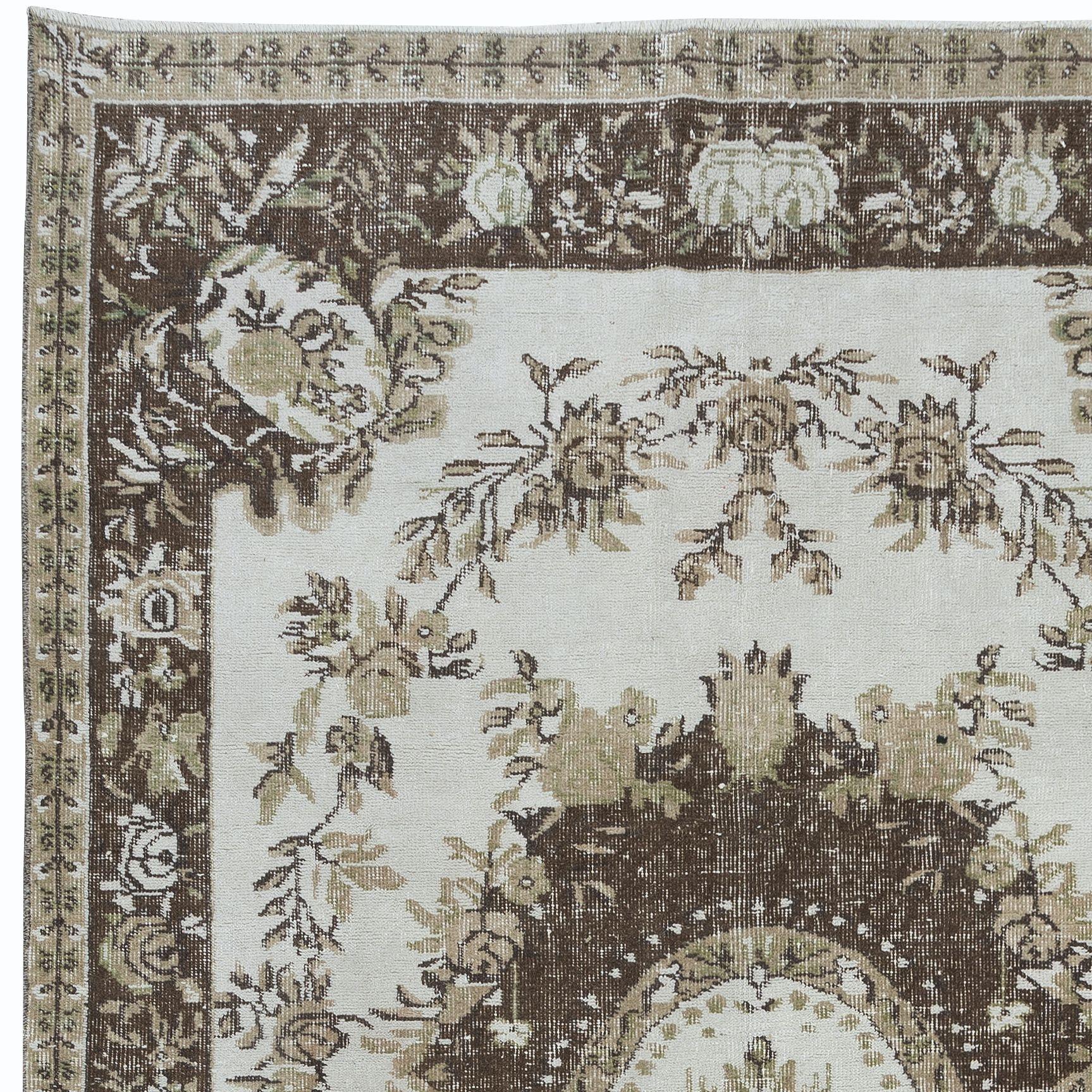 Hand-Knotted 5.4x8.4 Ft Classic Aubusson Inspired Vintage Handmade Faded Rug in Beige & Brown For Sale