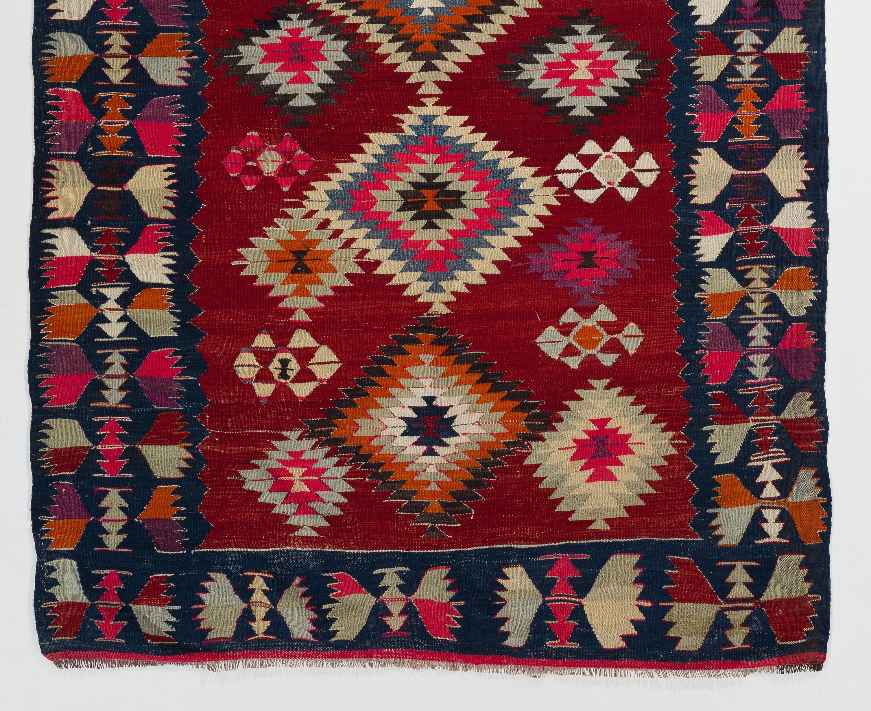 Hand-Woven 5.4x8.5 ft Hand Woven Turkish Kilim Rug with Geometric Design in Red and Indigo For Sale