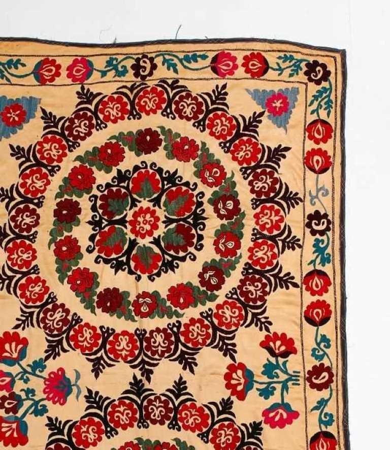 Uzbek 5.4x8.6 ft Central Asian Suzani Textile, Embroidered Cotton & Silk Wall Hanging For Sale