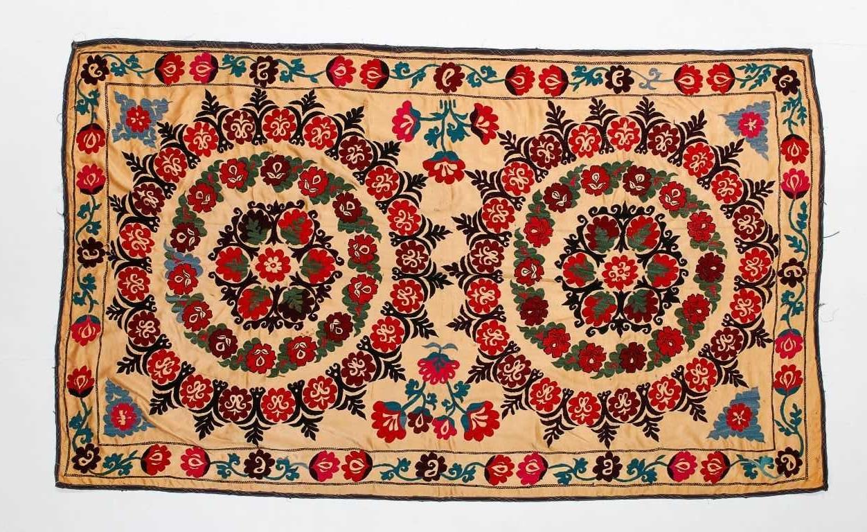 5.4x8.6 ft Central Asian Suzani Textile, Embroidered Cotton & Silk Wall Hanging In Good Condition For Sale In Philadelphia, PA