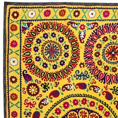 5.4x8.6 ft Silk Embroidery Bedspread, Yellow Tablecloth, Suzani Wall Hanging