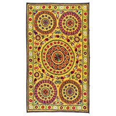 5.4x8.6 ft Silk Embroidery Bedspread, Yellow Tablecloth, Suzani Wall Hanging
