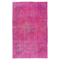 Vintage 5.4x8.7 Ft Handmade Mid-Century Rug in Fuchsia Pink with Art Deco Chinese Design