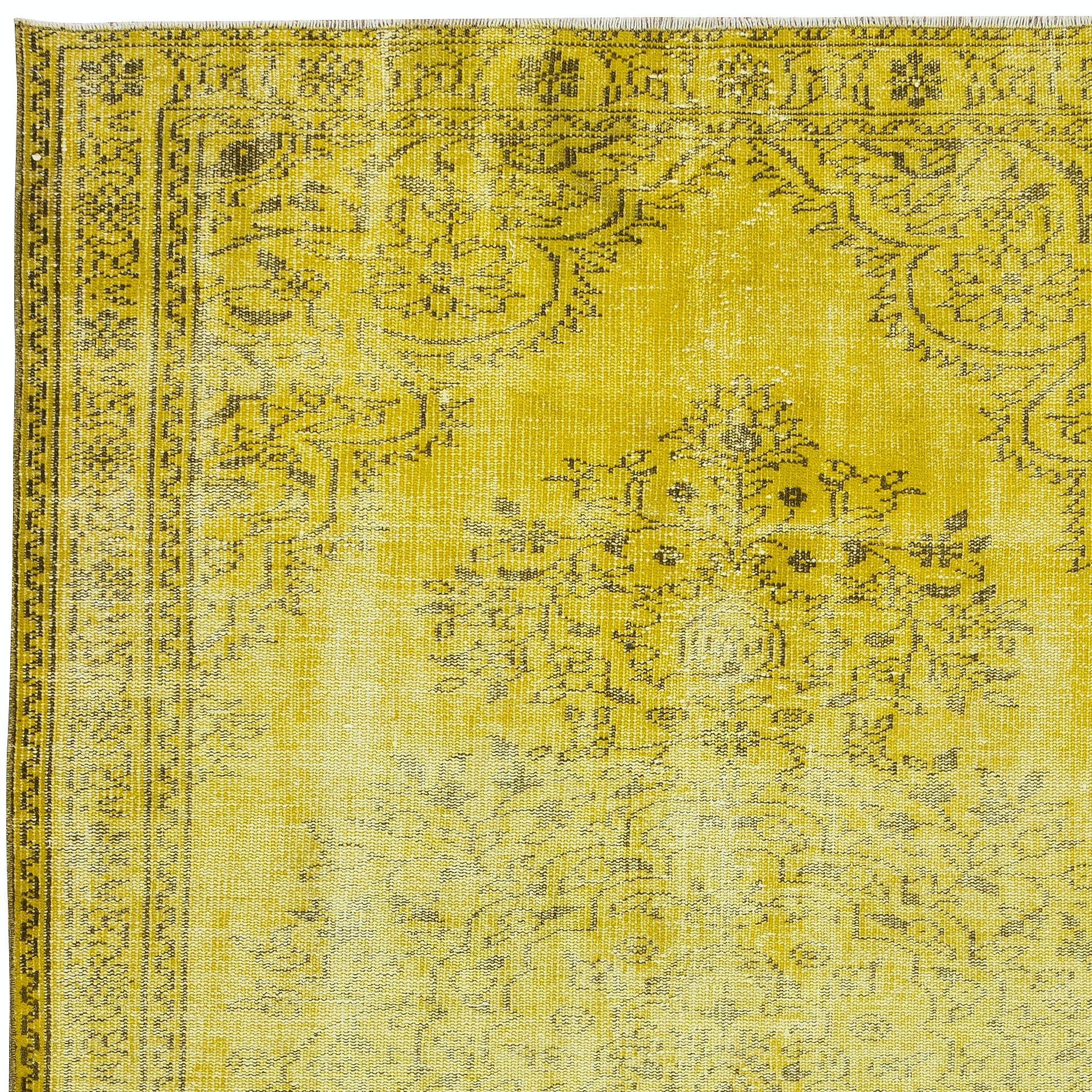 5.4x8.7 Ft Handmade Turkish Rug Over-Dyed in Yellow. Great 4 Modern Interiors In Good Condition For Sale In Spring Valley, NY