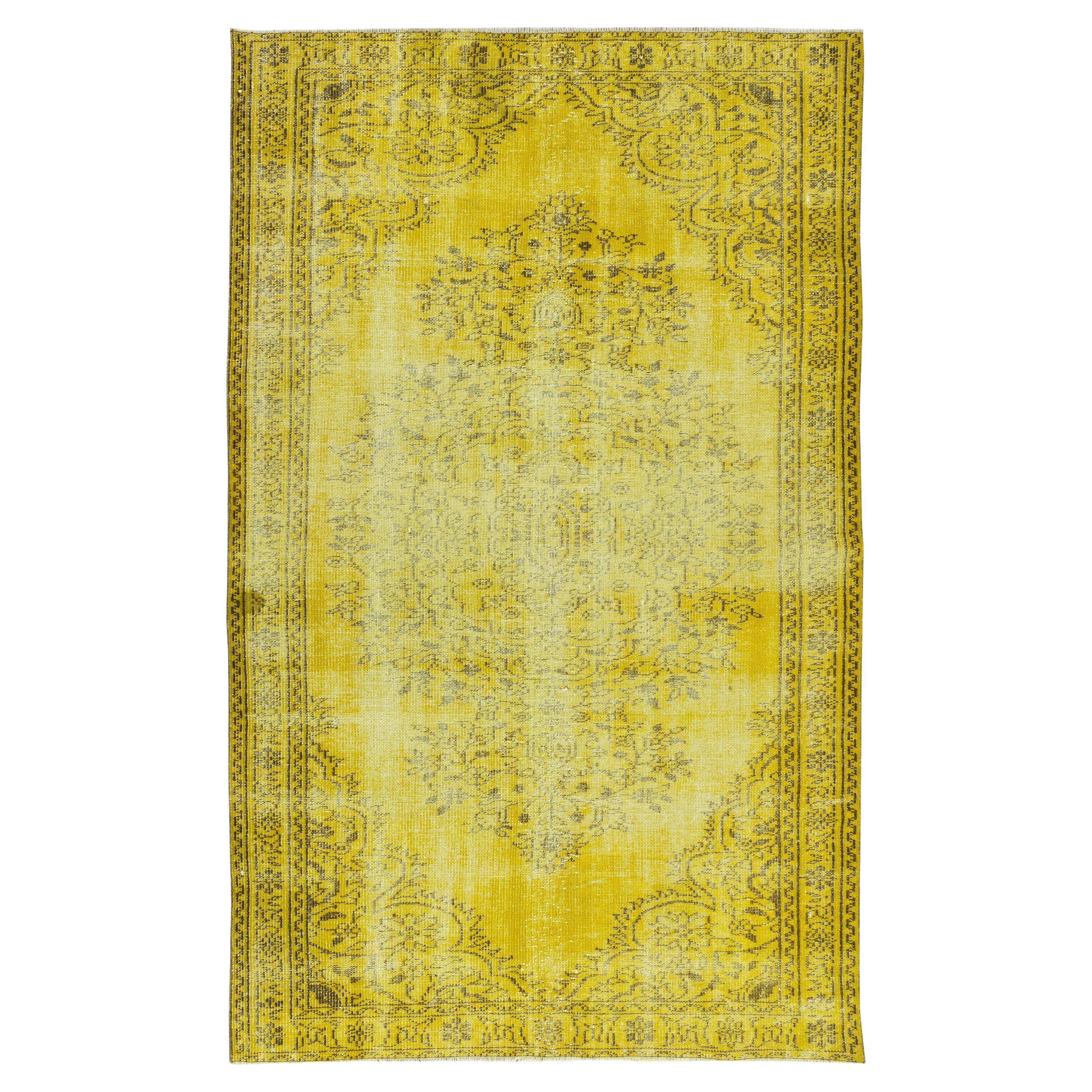 5.4x8.7 Ft Vintage Turkish Wool Rug OverDyed in Yellow. Great 4 Modern Interiors