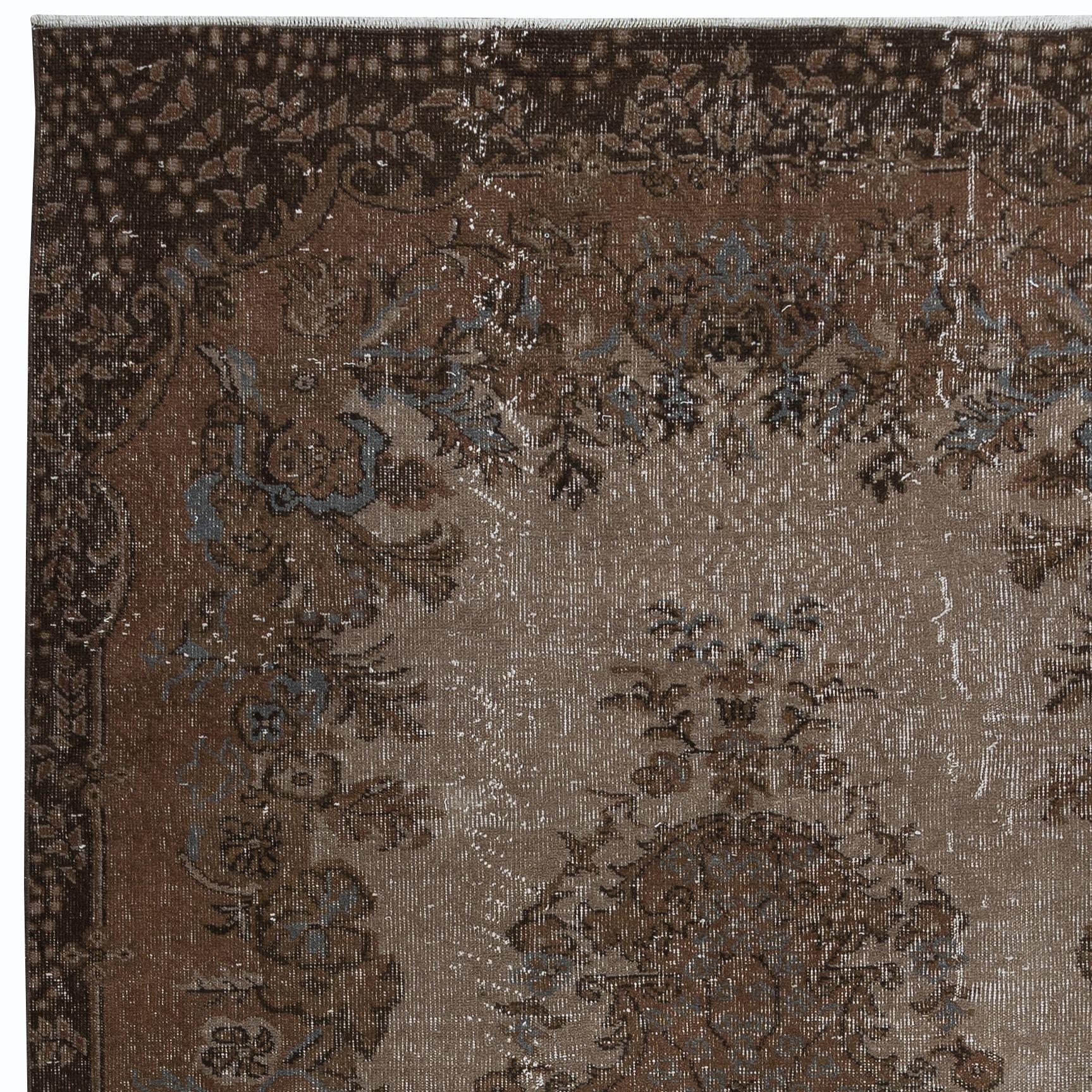 Hand-Knotted 5.4x8.7 Ft Rustic Turkish Area Rug, Brown Handmade Contemporary Carpet For Sale