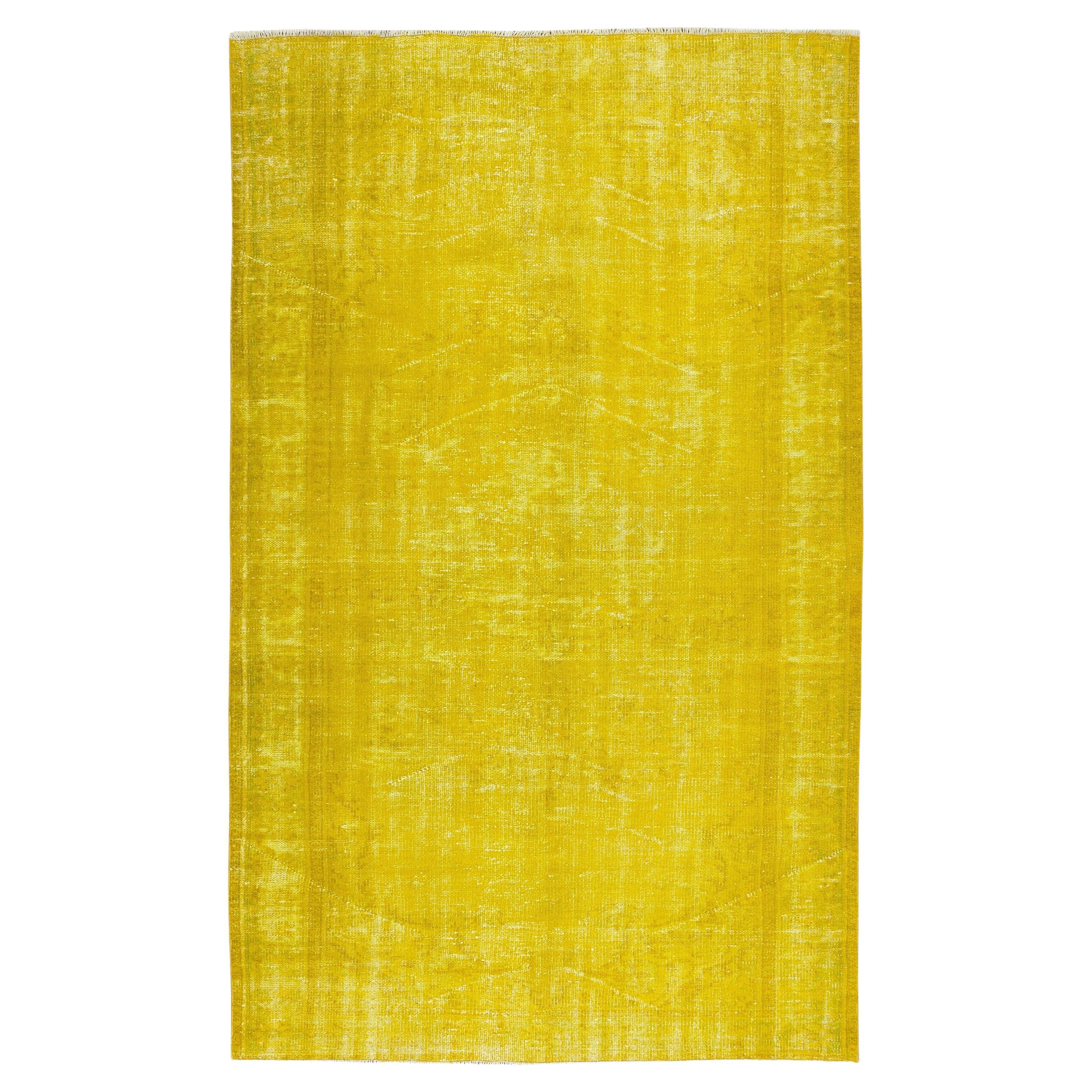 5.4x8.7 Ft Contemporary Hand Knotted Turkish Wool Area Rug in Plain Yellow For Sale