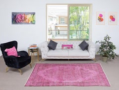 5.4x8.7 Ft Vintage Handmade Turkish Rug Overdyed in Pink for Modern Interiors