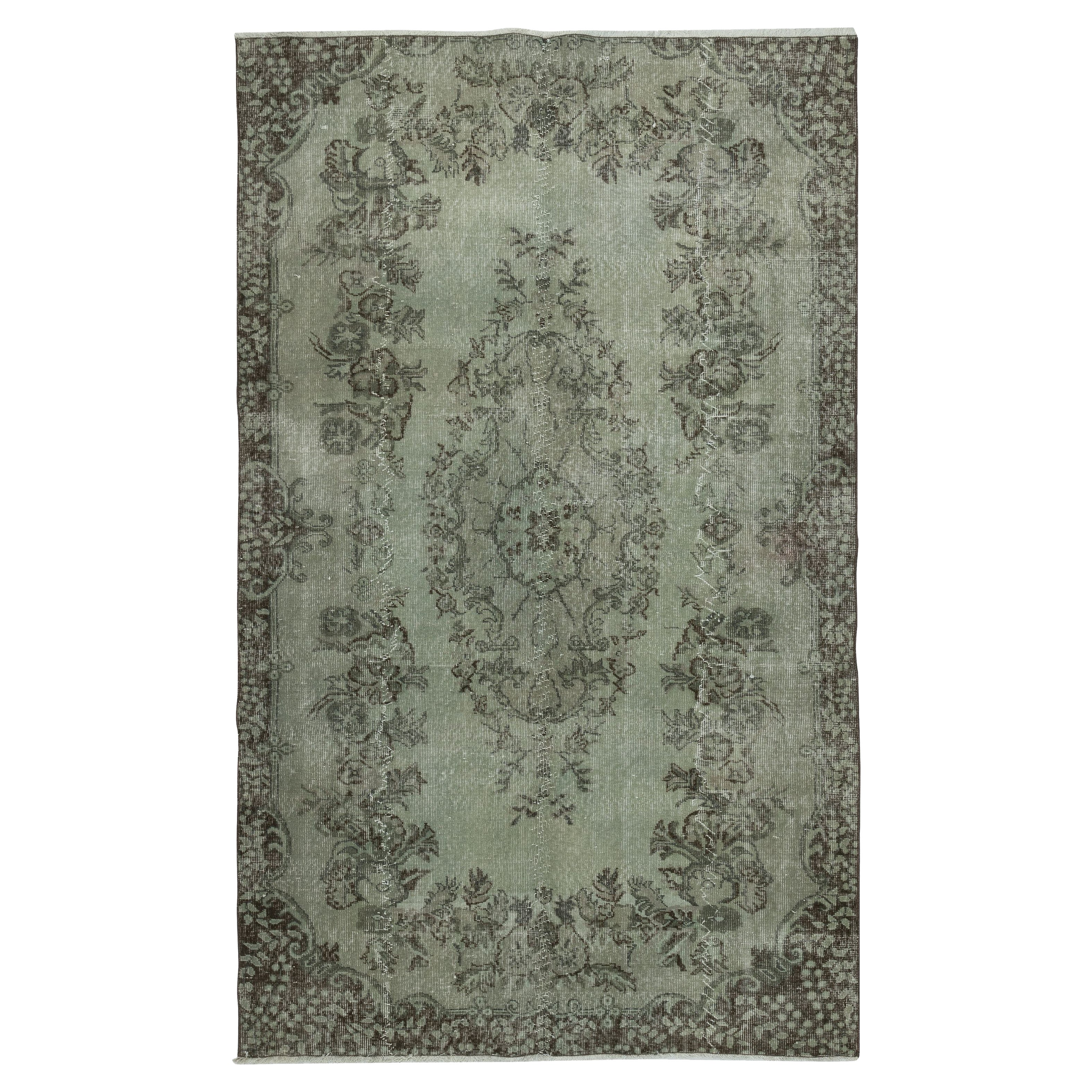 Türkischer 5,4x8.7 Ft Vintage-Teppich im Vintage-Stil, überzogen in grüner Farbe für moderne Inneneinrichtung