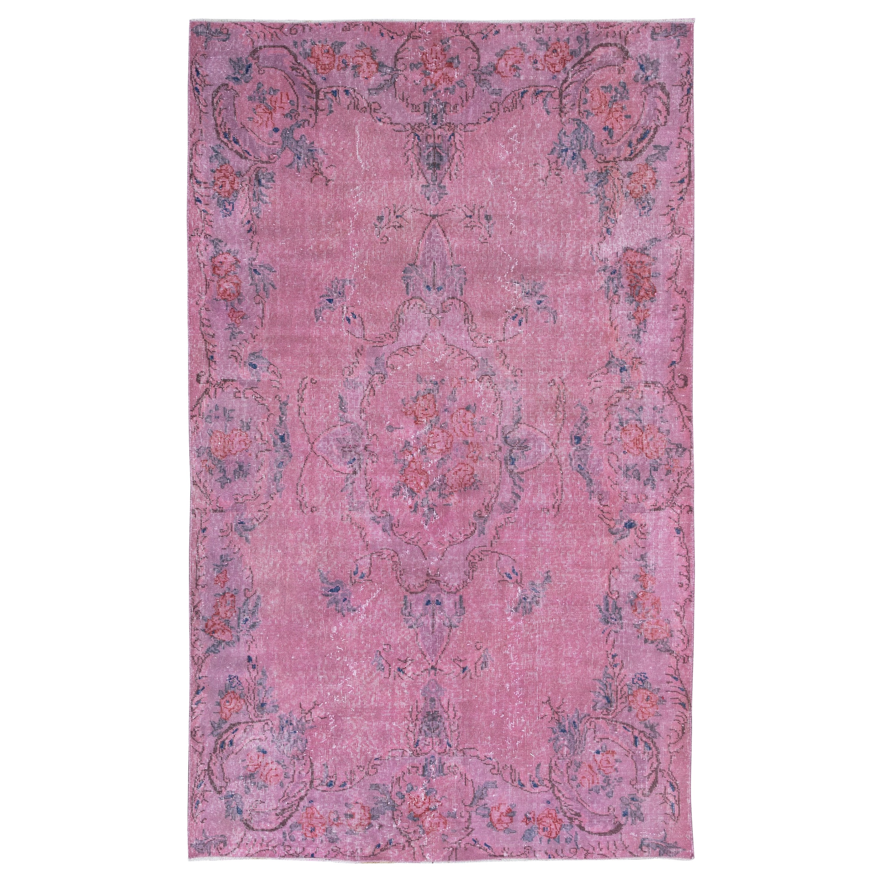 Tappeto per l'area con motivo floreale turco fatto a mano in rosa tenue 5,4x8,8 Ft