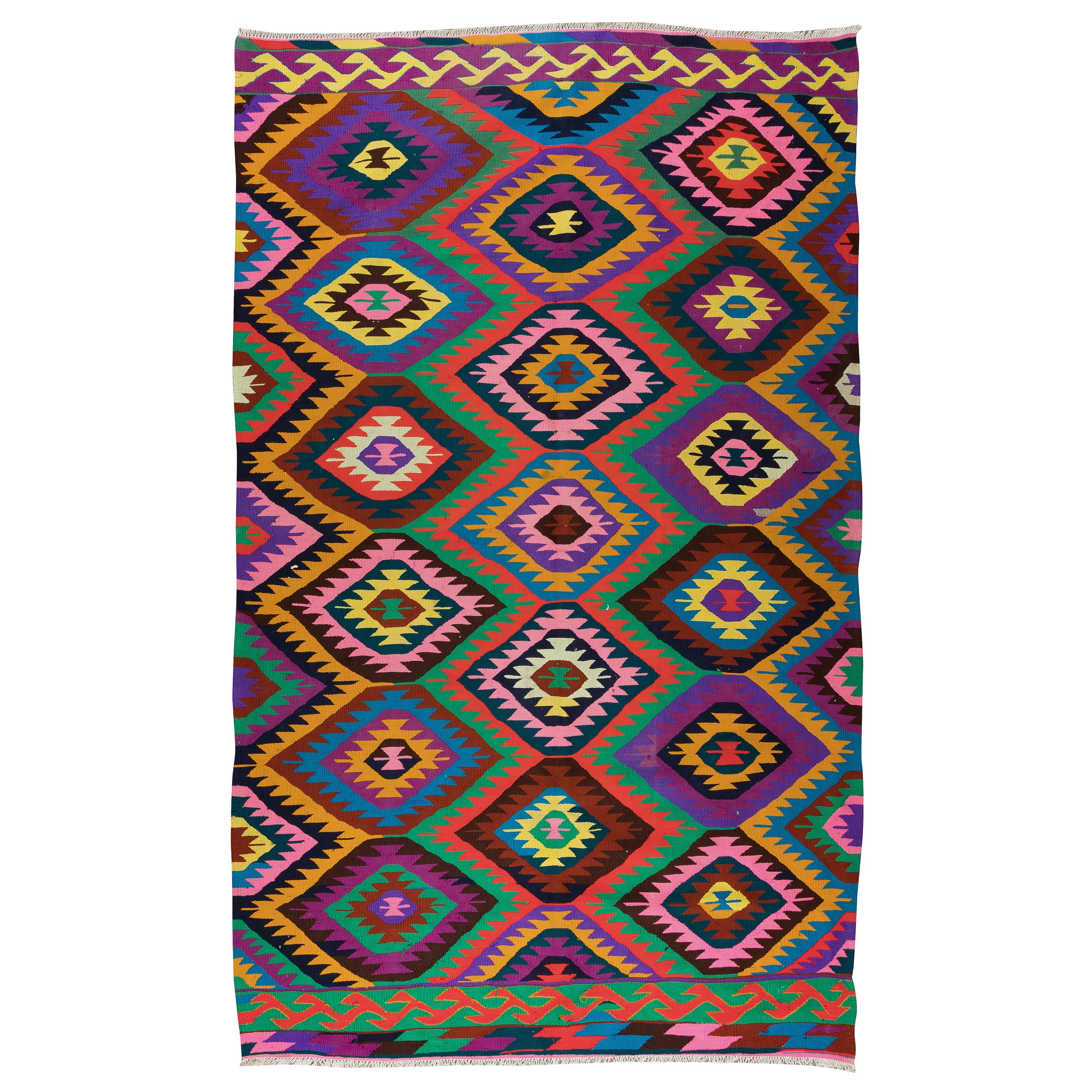 5,4x8.8 Ft schillernder handgefertigter türkischer Kelim. Bunter Flachgewebe-Teppich. Alle Wolle