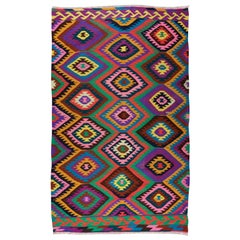 5,4x8.8 Ft schillernder handgefertigter türkischer Kelim. Bunter Flachgewebe-Teppich. Alle Wolle