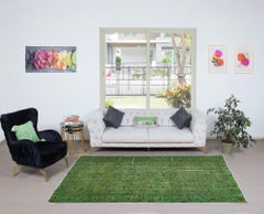 5.4x8.8 Ft Hand-Made Turkish Area Rug in Green, Modern Wool and Cotton Carpet