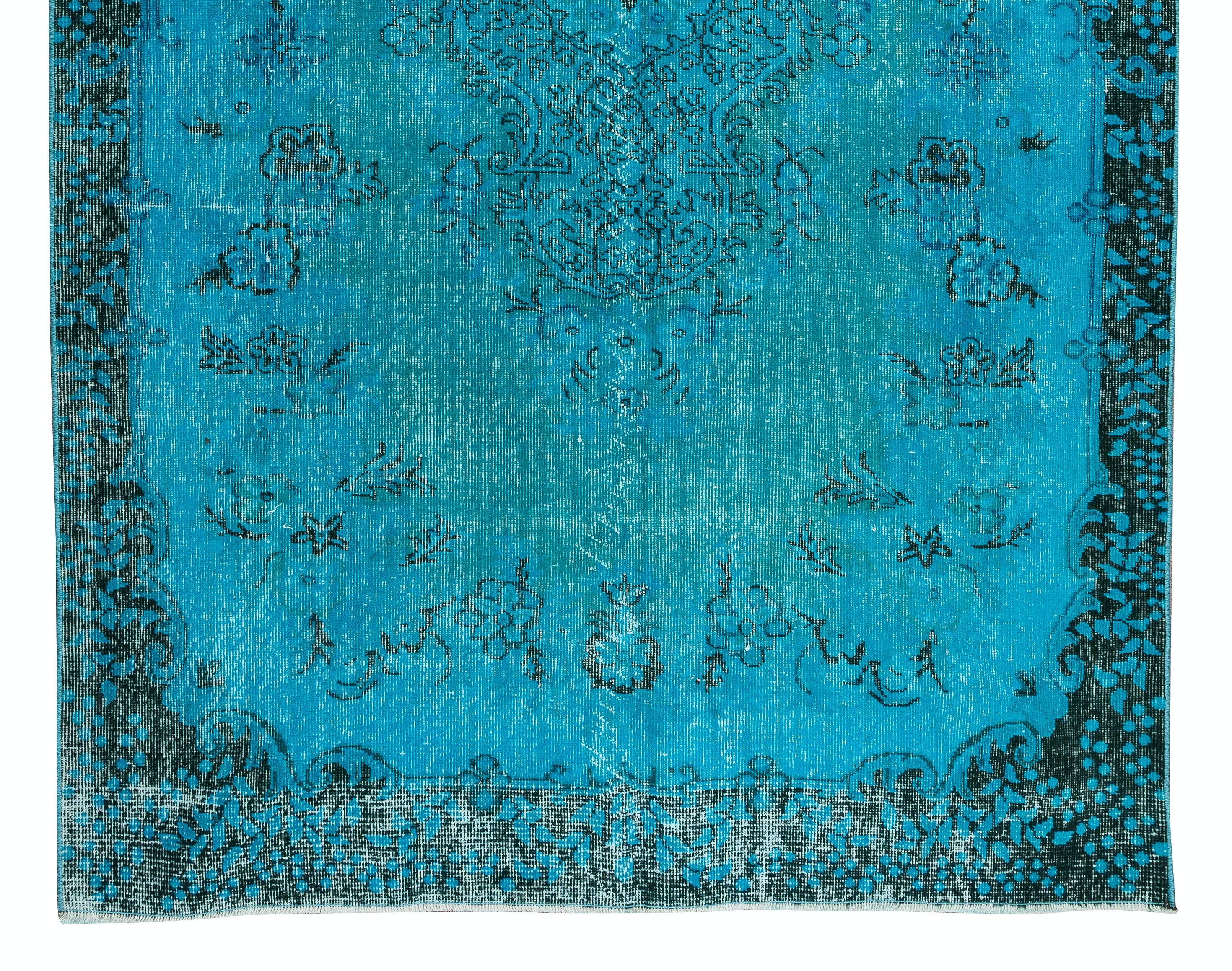 20th Century 5.4x8.8 Ft Modern Handmade Area Rug. Vintage Turkish Carpet Over-Dyed in Teal For Sale