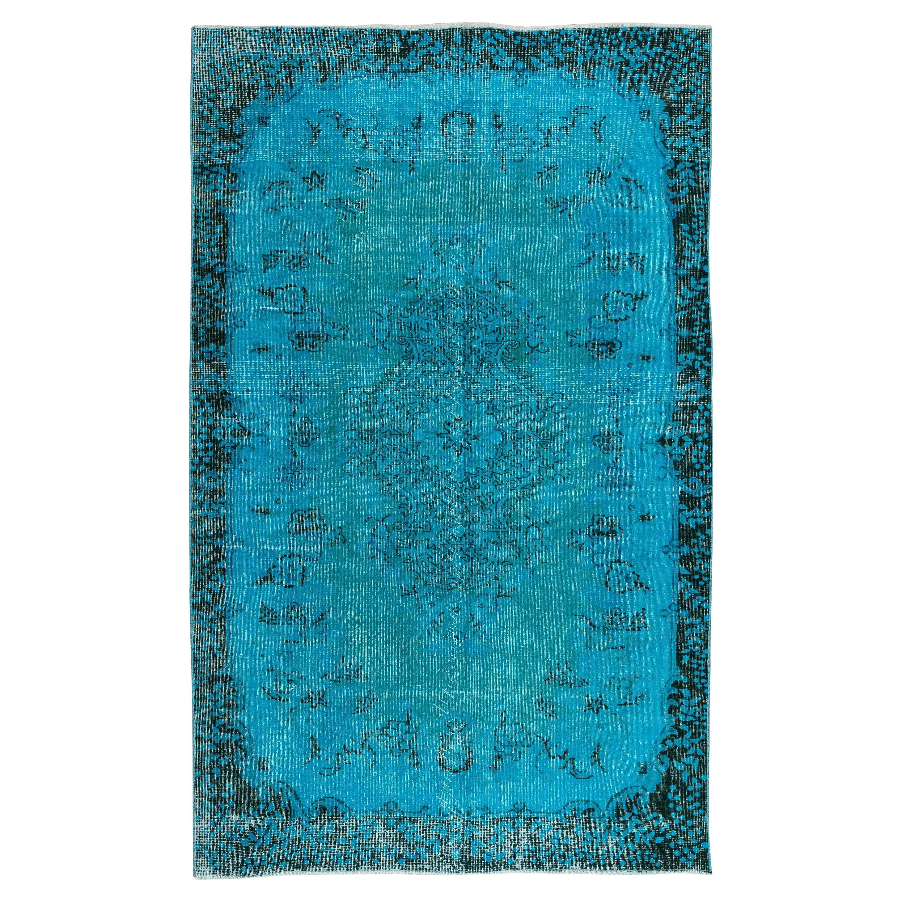 5.4x8.8 Ft Modern Handmade Area Rug. Vintage Turkish Carpet Over-Dyed in Teal For Sale