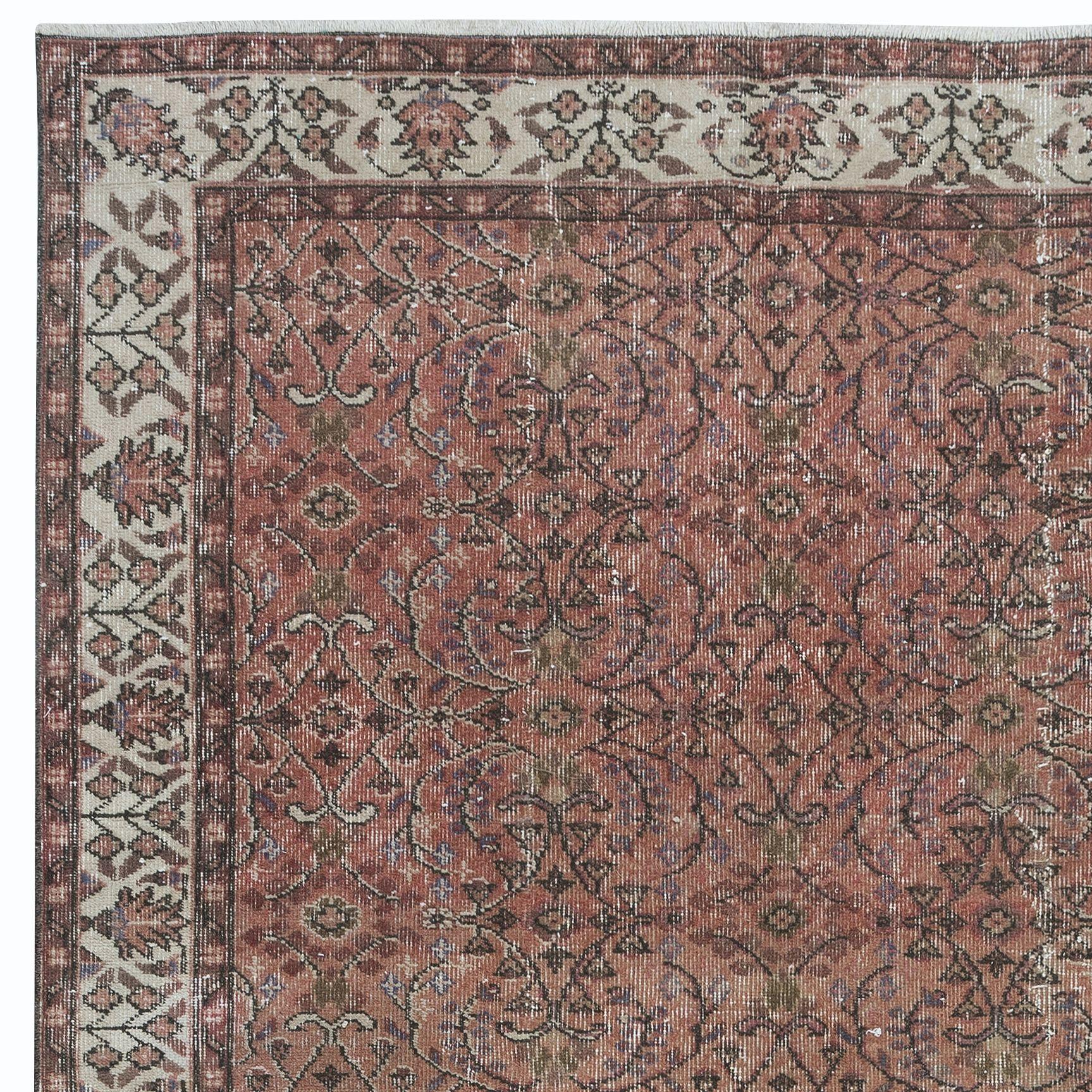 Hand-Knotted 5.4x8.8 Ft Vintage Turkish Area Rug in Red & Beige, Hand Knotted Floral Carpet For Sale