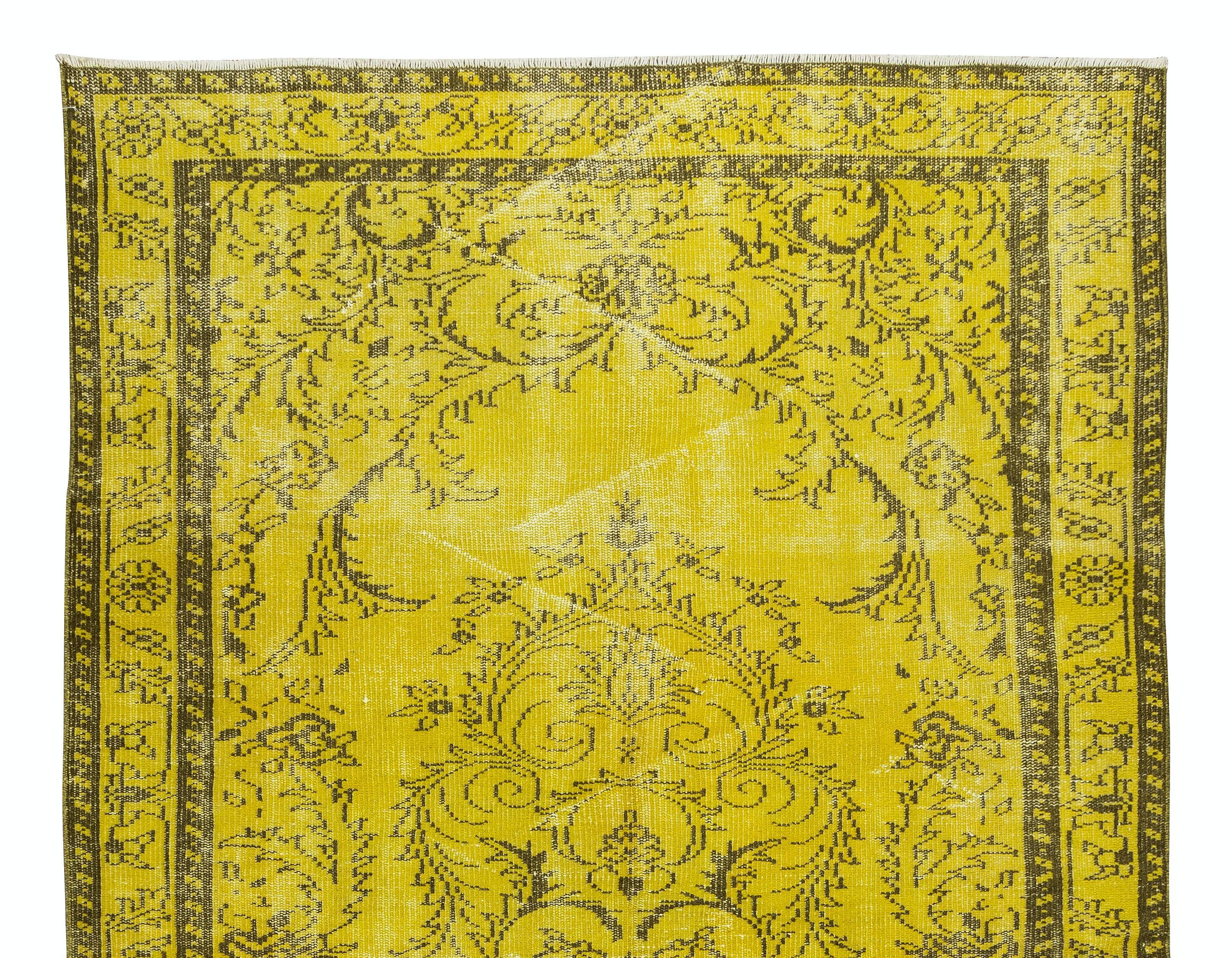 Hand-Knotted 5.4x8.9 Ft Medallion Pattern Yellow Over-dyed Rug, 1960s Turkish Handmade Carpet For Sale