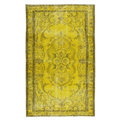 Vintage 5.4x8.9 Ft Medallion Pattern Yellow Over-dyed Rug, 1960s Turkish Handmade Carpet