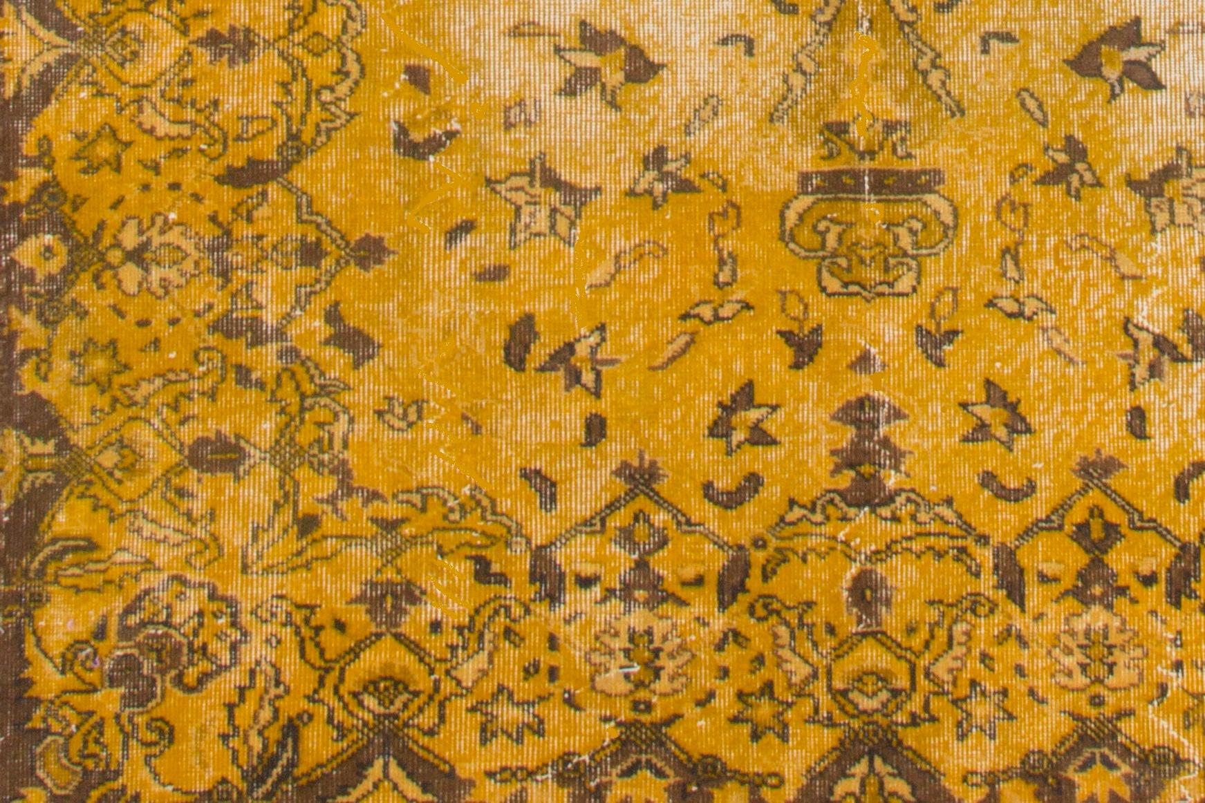 Modern 5.4x9 ft Handmade Turkish Area Rug Over-dyed in Yellow with Medallion Design For Sale