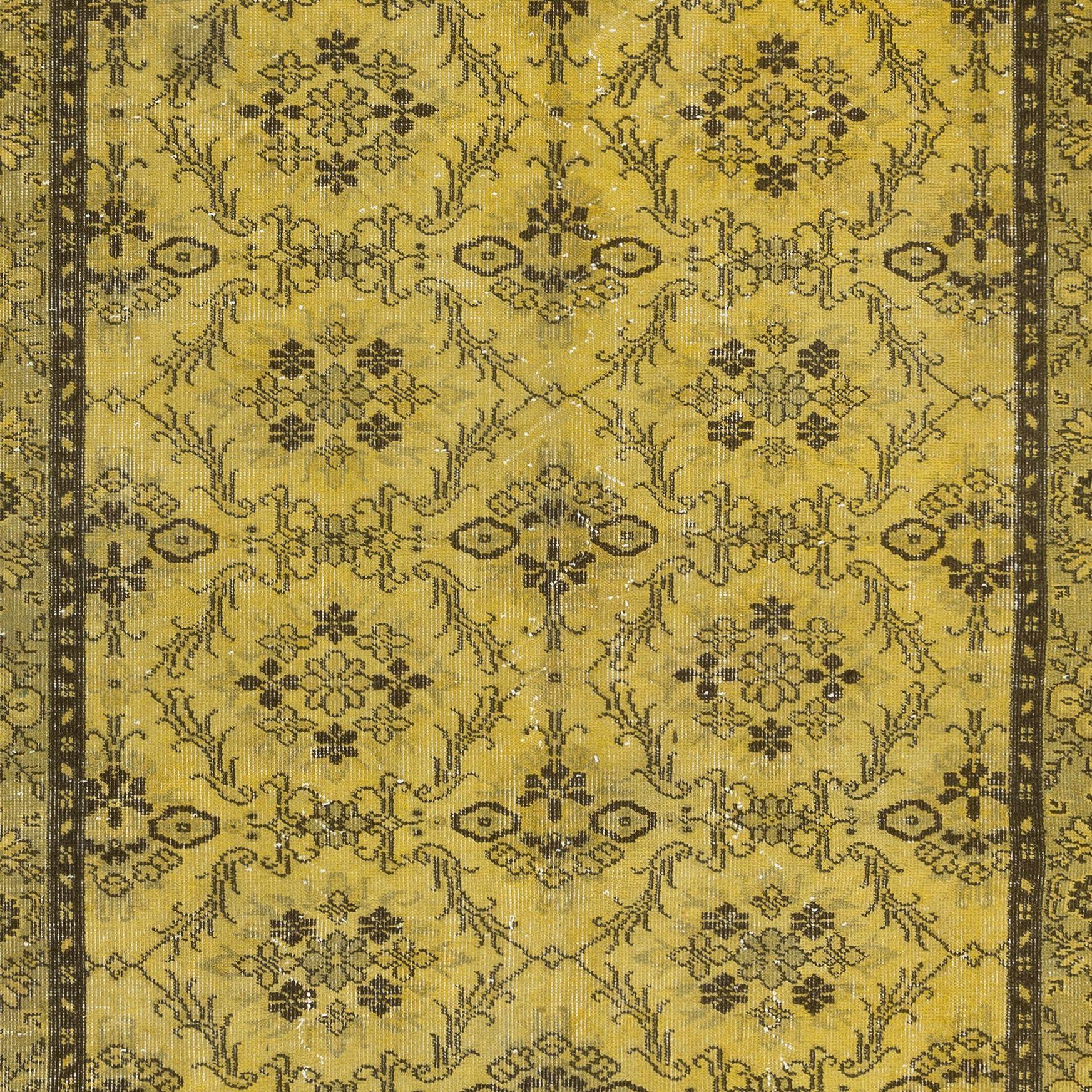 Hand-Knotted 5.4x9 Ft Yellow Turkish Area Rug, Floral Handmade Carpet, Modern Floor Covering For Sale
